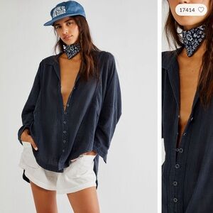 We The Free Navy Button-Front Blouse